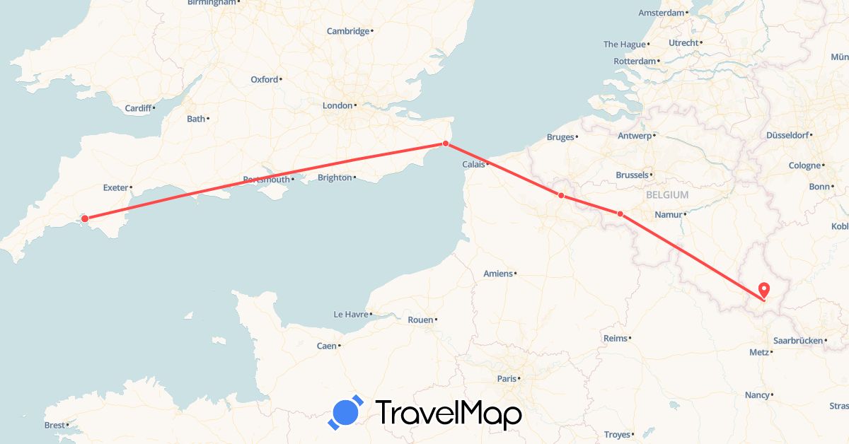 TravelMap itinerary: driving, hiking in Belgium, France, United Kingdom, Luxembourg (Europe)
